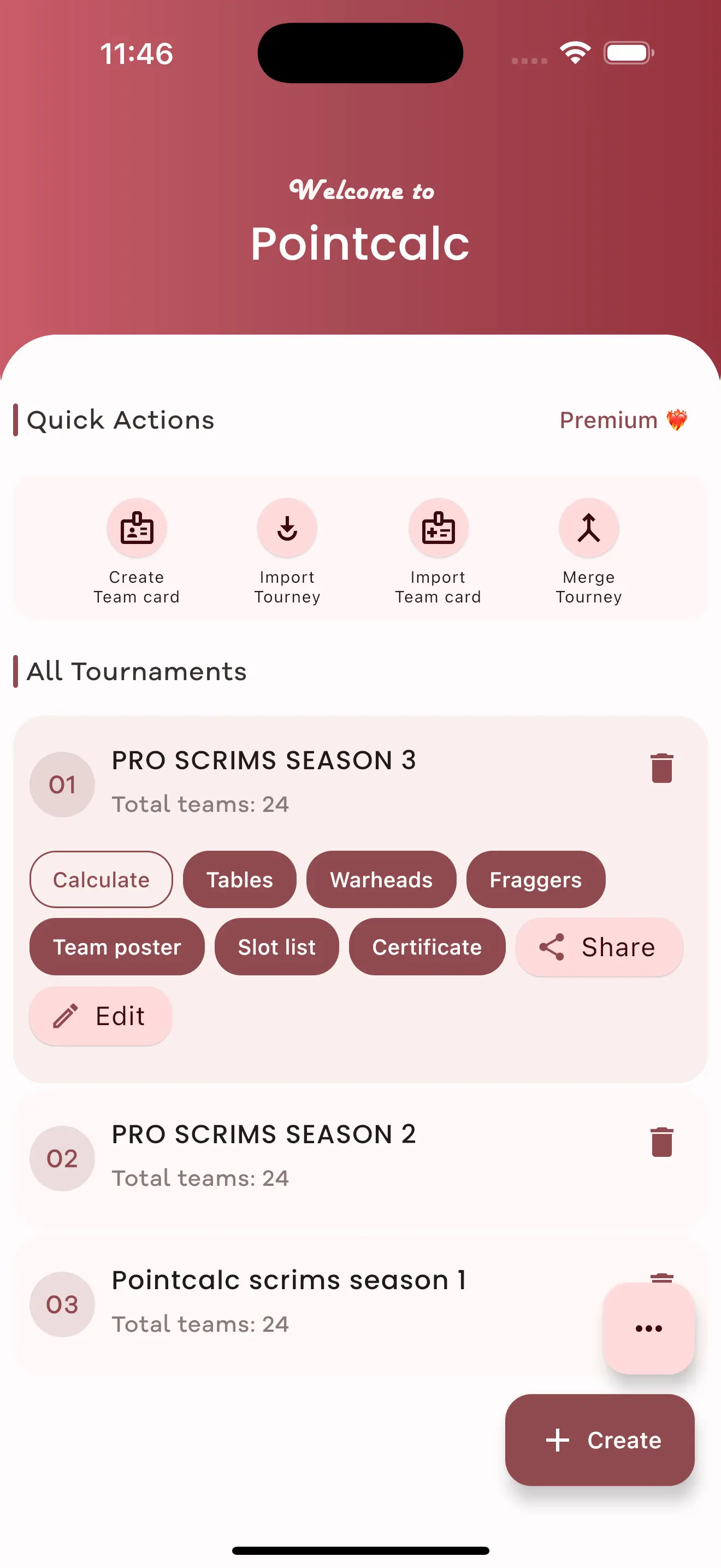 PointCalc App showing a tournament points table