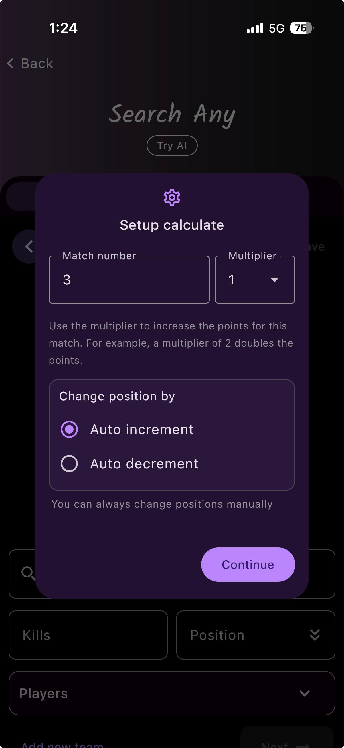 Set the match number and multiplier